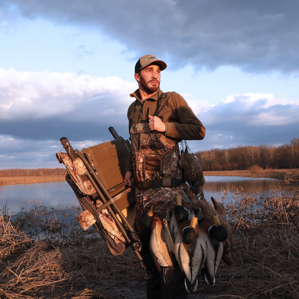 Momarsh Invisi Chair Blind System backrest storage pouch keeps birds and gear close at hand.