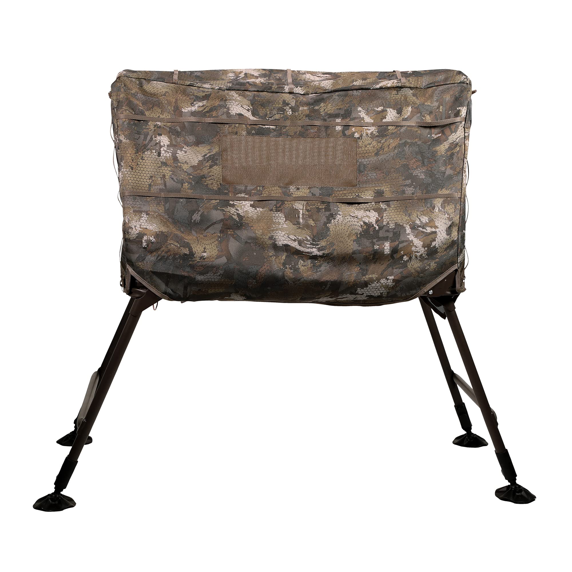Momarsh Invisi Lab blind side view shows adjustable legs on rugged terrain.