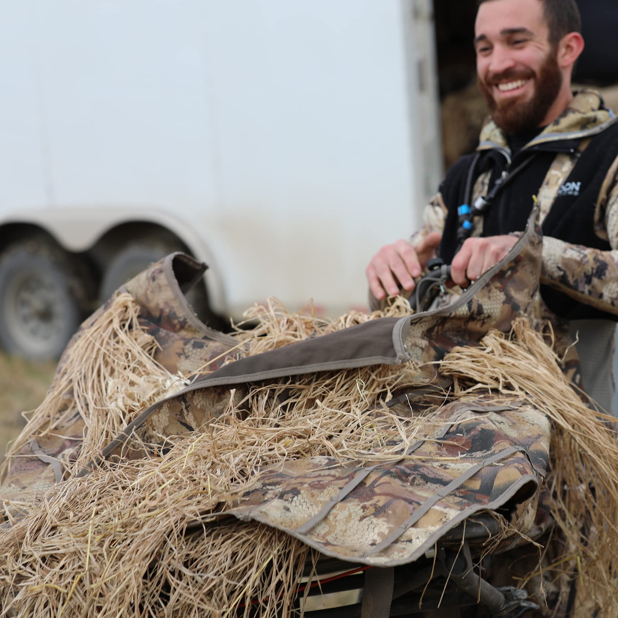 Momarsh InvisiGrass compatible with layout blinds, ground blinds, boats, and pits