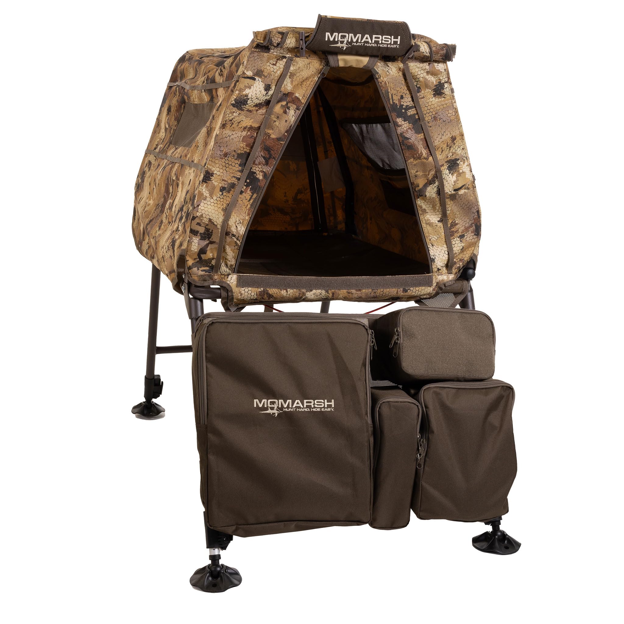 Momarsh LabLocker exterior pockets hold water, collars, and treats during hunts.