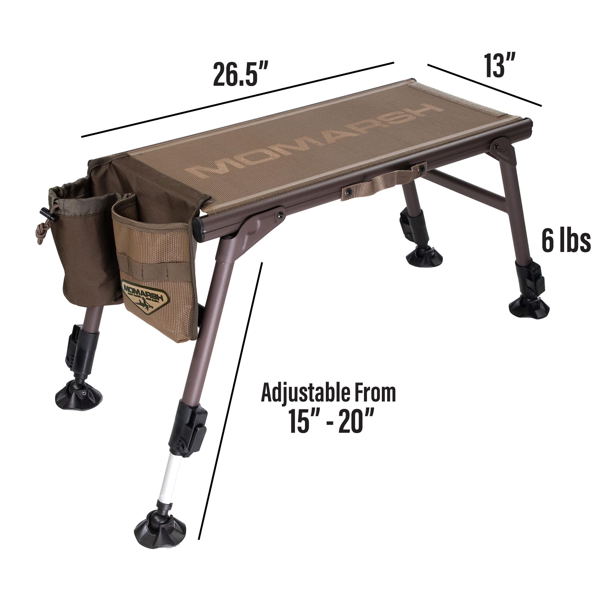 Momarsh mobile bench seat legs adjusted for solid footing on rough ground.
