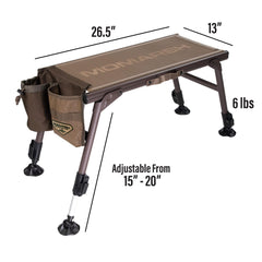 Momarsh mobile bench seat legs adjusted for solid footing on rough ground.