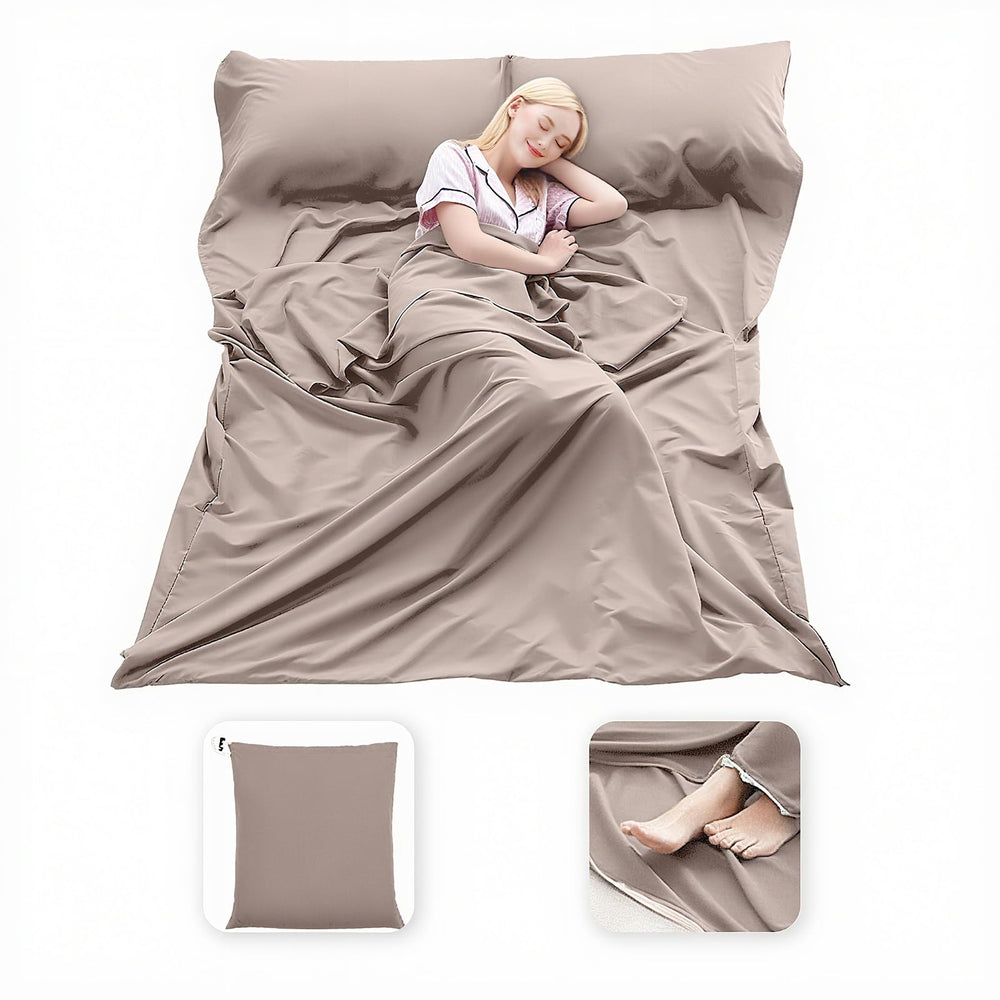 MongByYa sleeping bag liner folded into its compact pocket for easy backpacking storage.