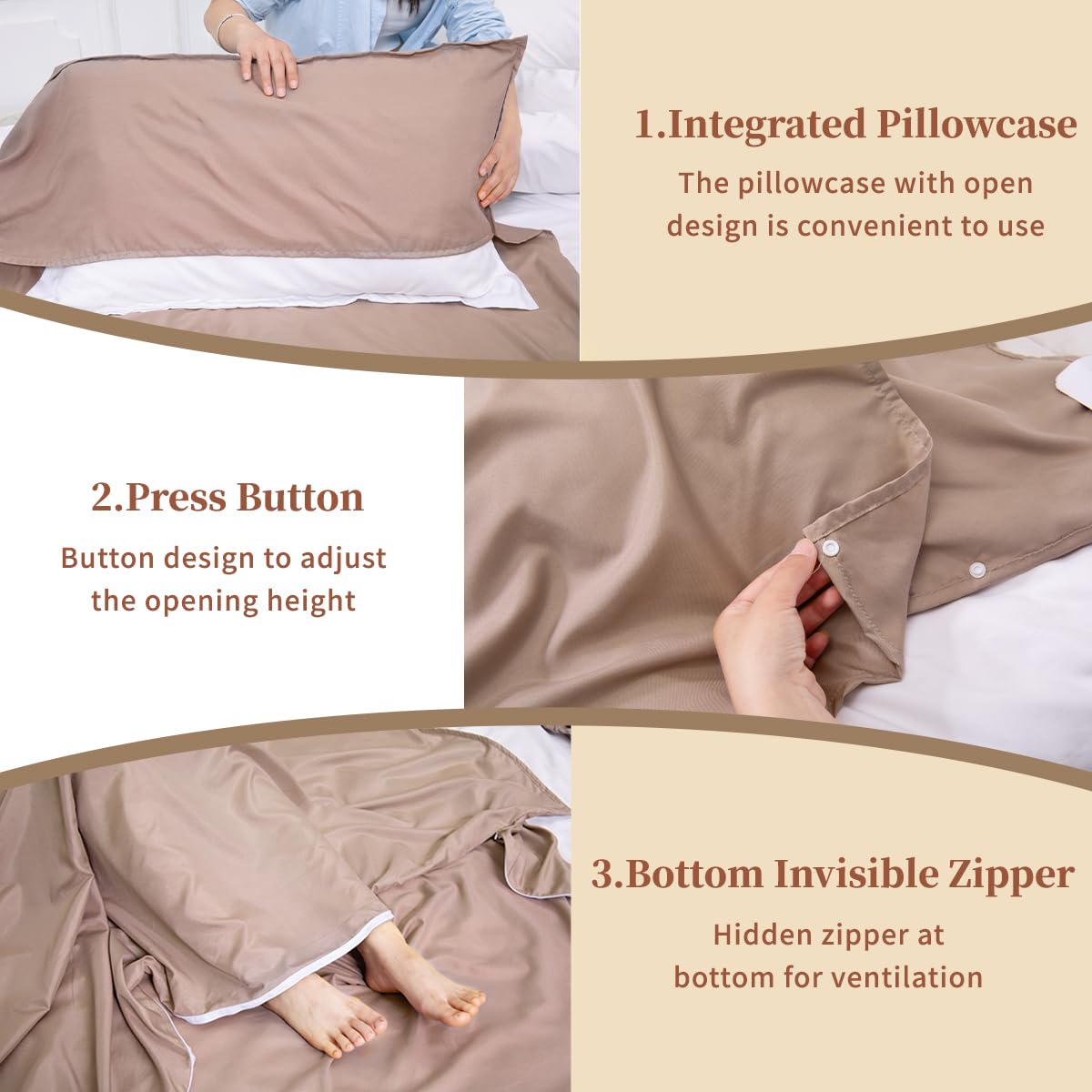MongByYa sleeping bag liner pillow cover keeps pillow in place for neat sleep.