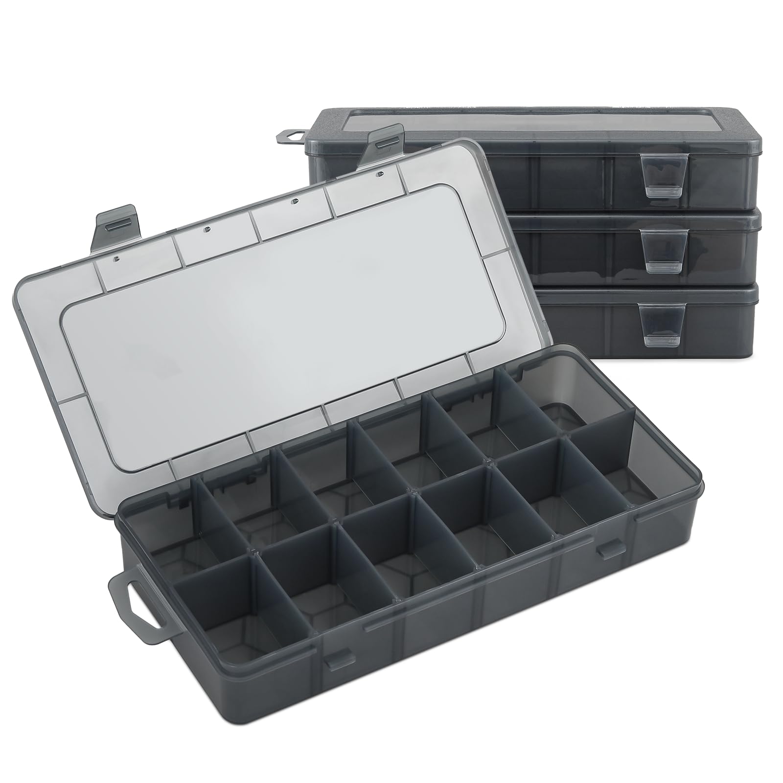 MoNiBloom 12-Grid tackle box with clear lid, ideal for organized fishing tackle on the go.