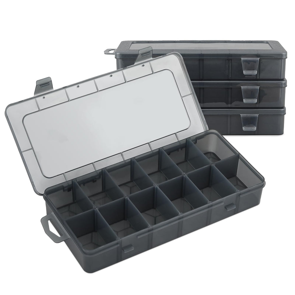 MoNiBloom 12-Grid tackle box with clear lid, ideal for organized fishing tackle on the go.