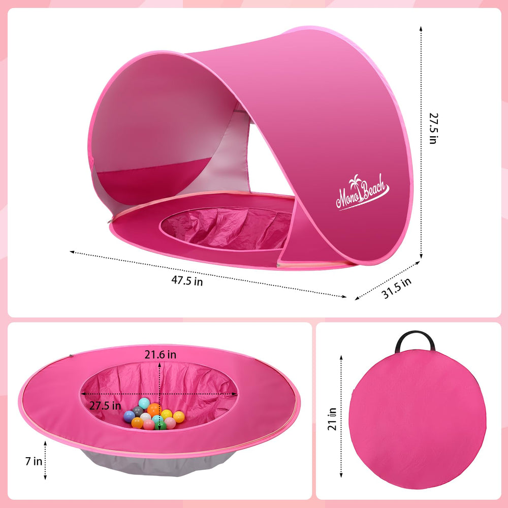 Monobeach baby beach tent with built-in water pool for splash play.