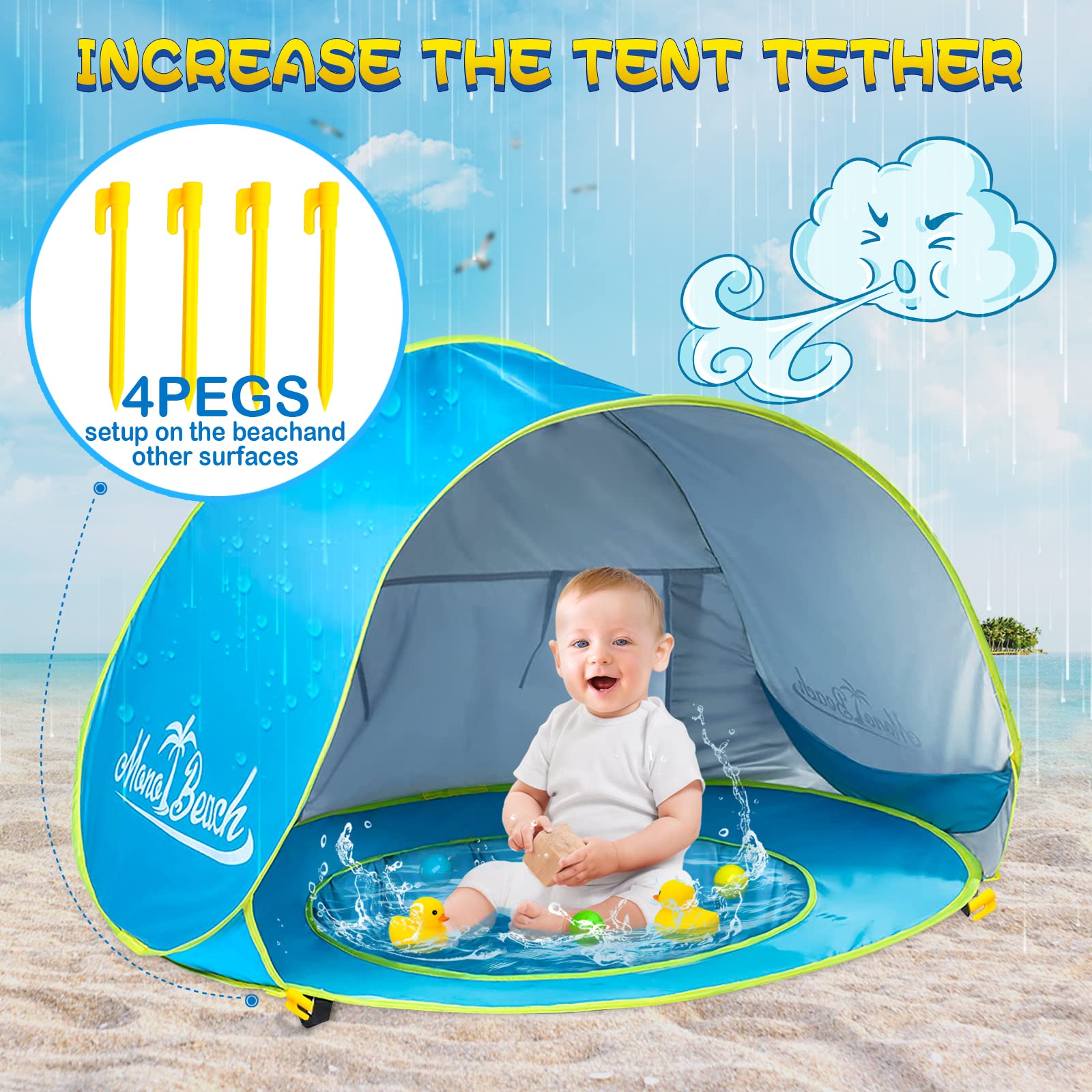 Monobeach baby shade tent demonstrating built-in mini pool for splashy play