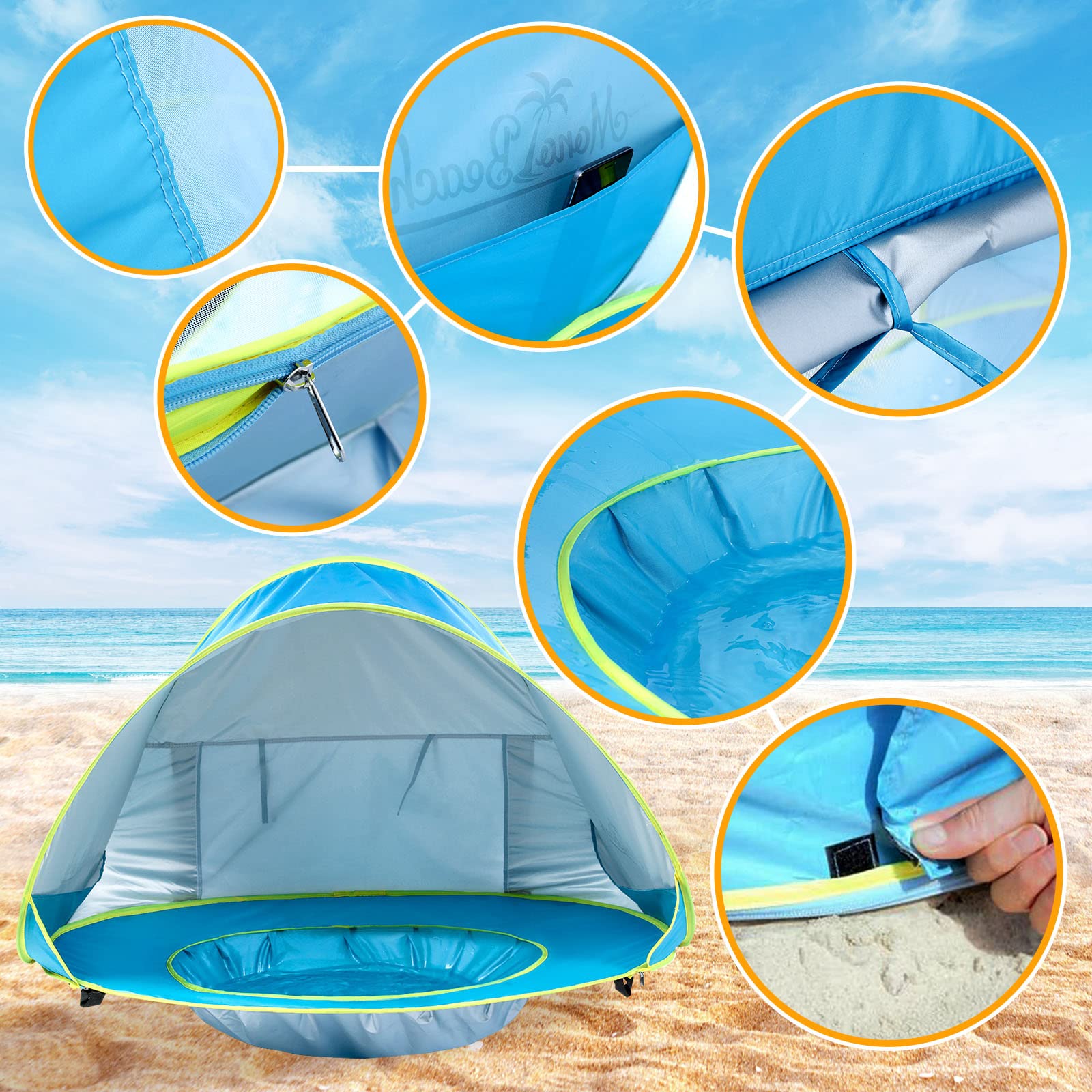 Monobeach package contents including tent, bag, pegs, and service