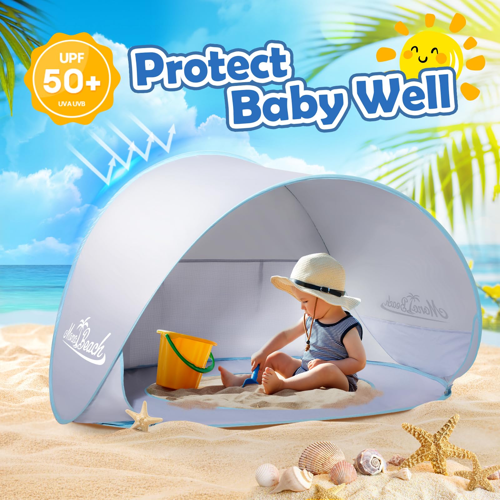Monobeach baby shade tent UV protection coverage blocks UV rays for sensitive skin safety.