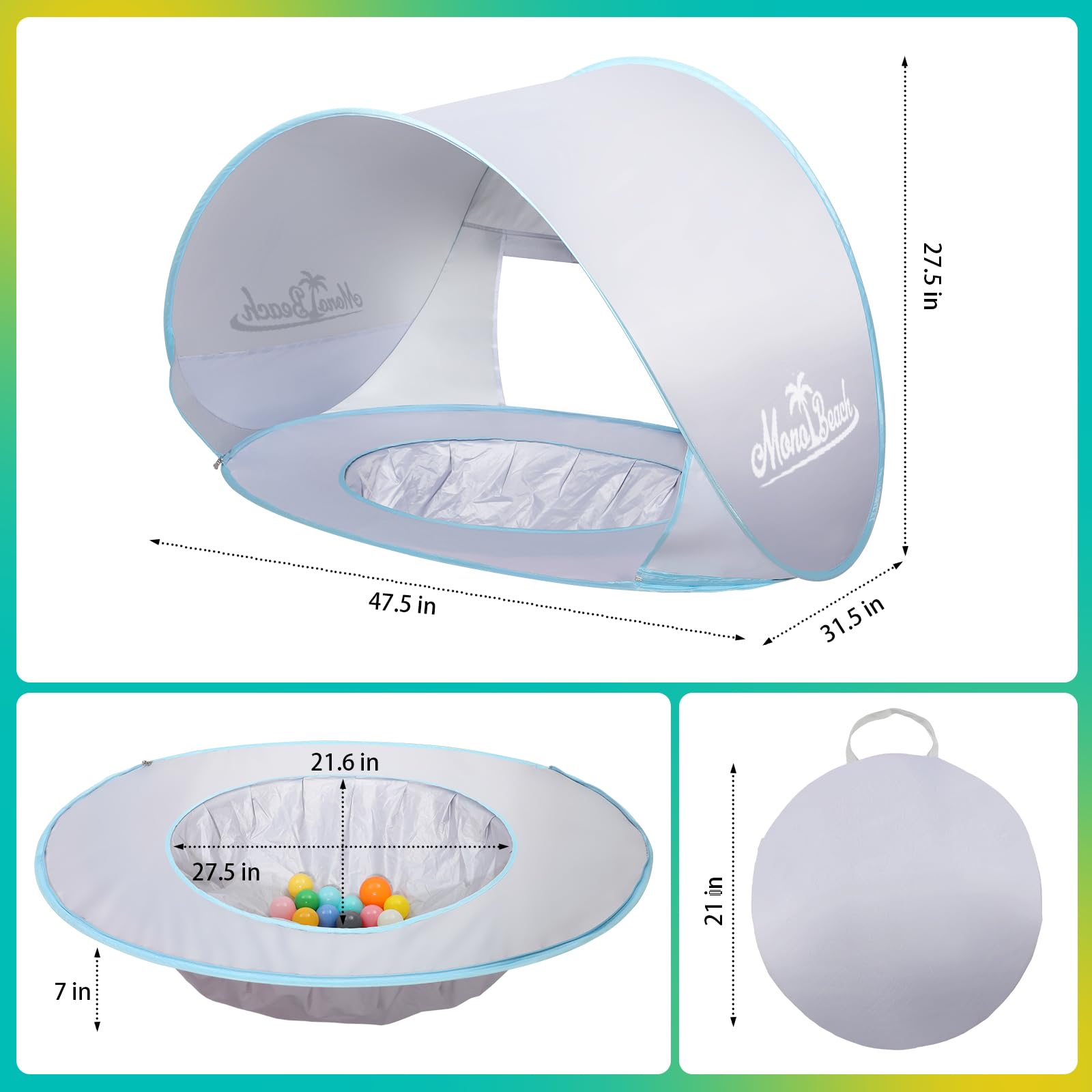Monobeach baby shade tent water-play area, toddler-friendly immersion beside parents.