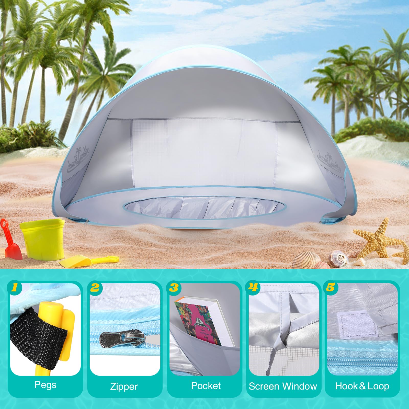 Monobeach baby shade tent wind pockets for improved stability on windy days.