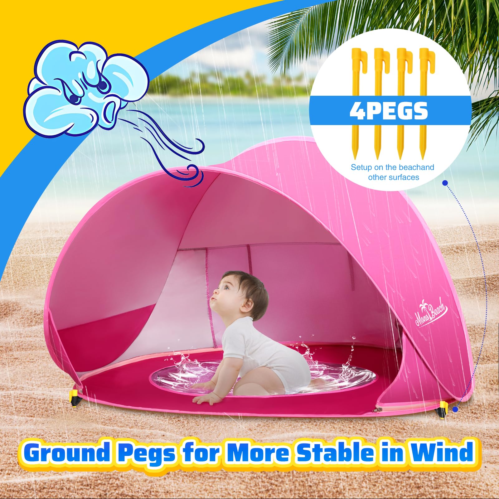 Monobeach baby tent in use at a beach scene provides shade.