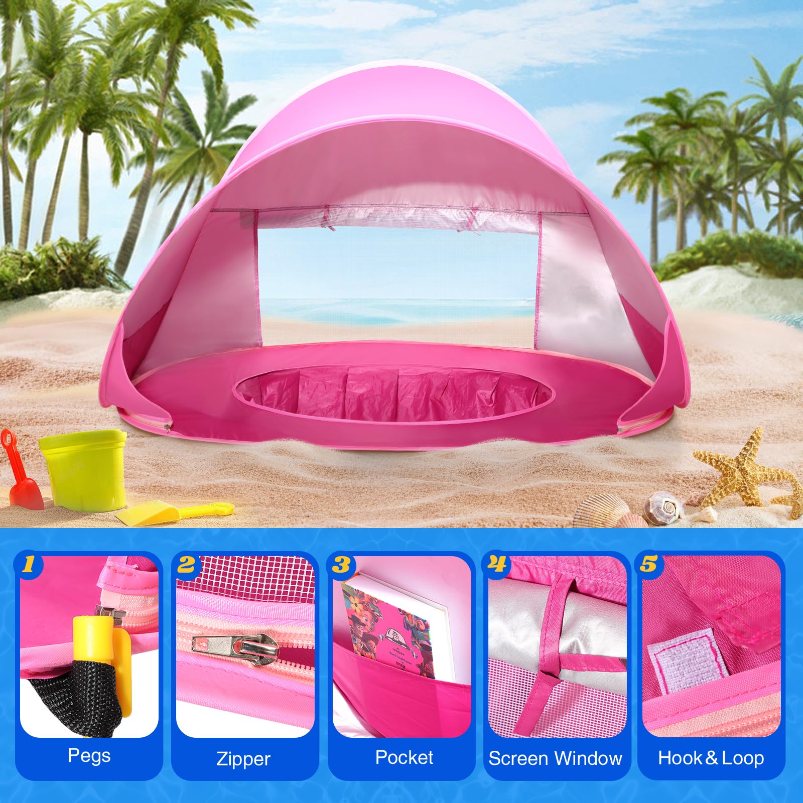 Monobeach pink tent fabric is waterproof and durable on sand.