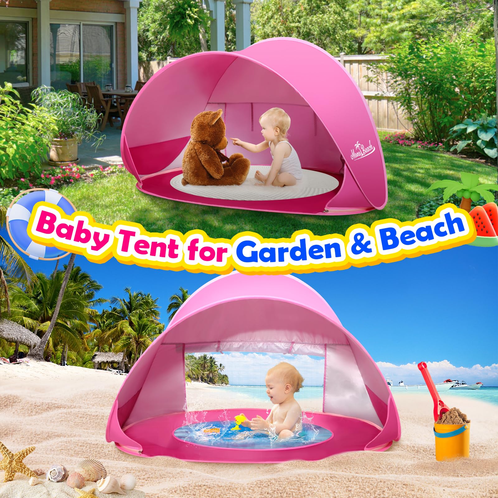 Monobeach pink tent shows wind pockets and sand pockets for stability.