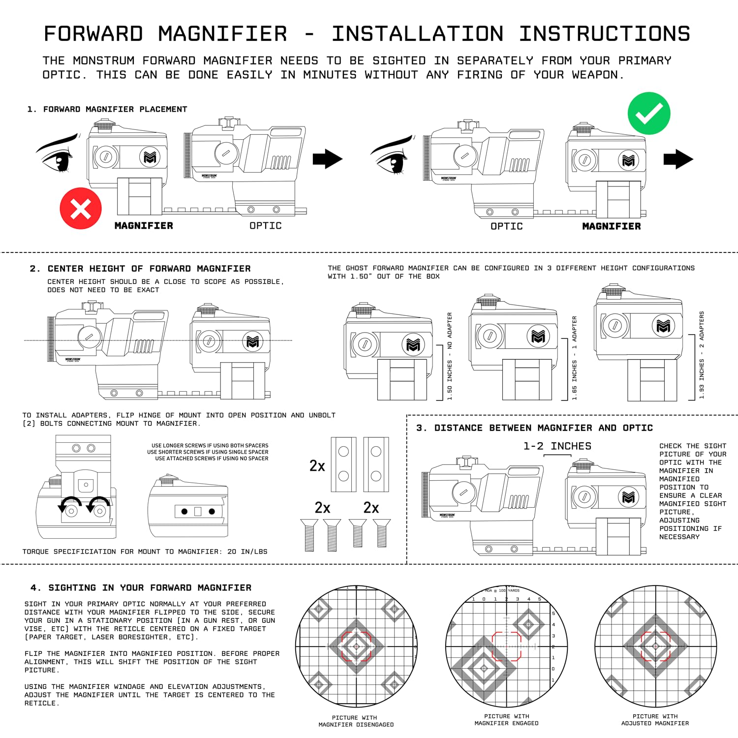 Monstrum 2X magnifier is compatible with prism scopes and LPVOs for versatile setups.
