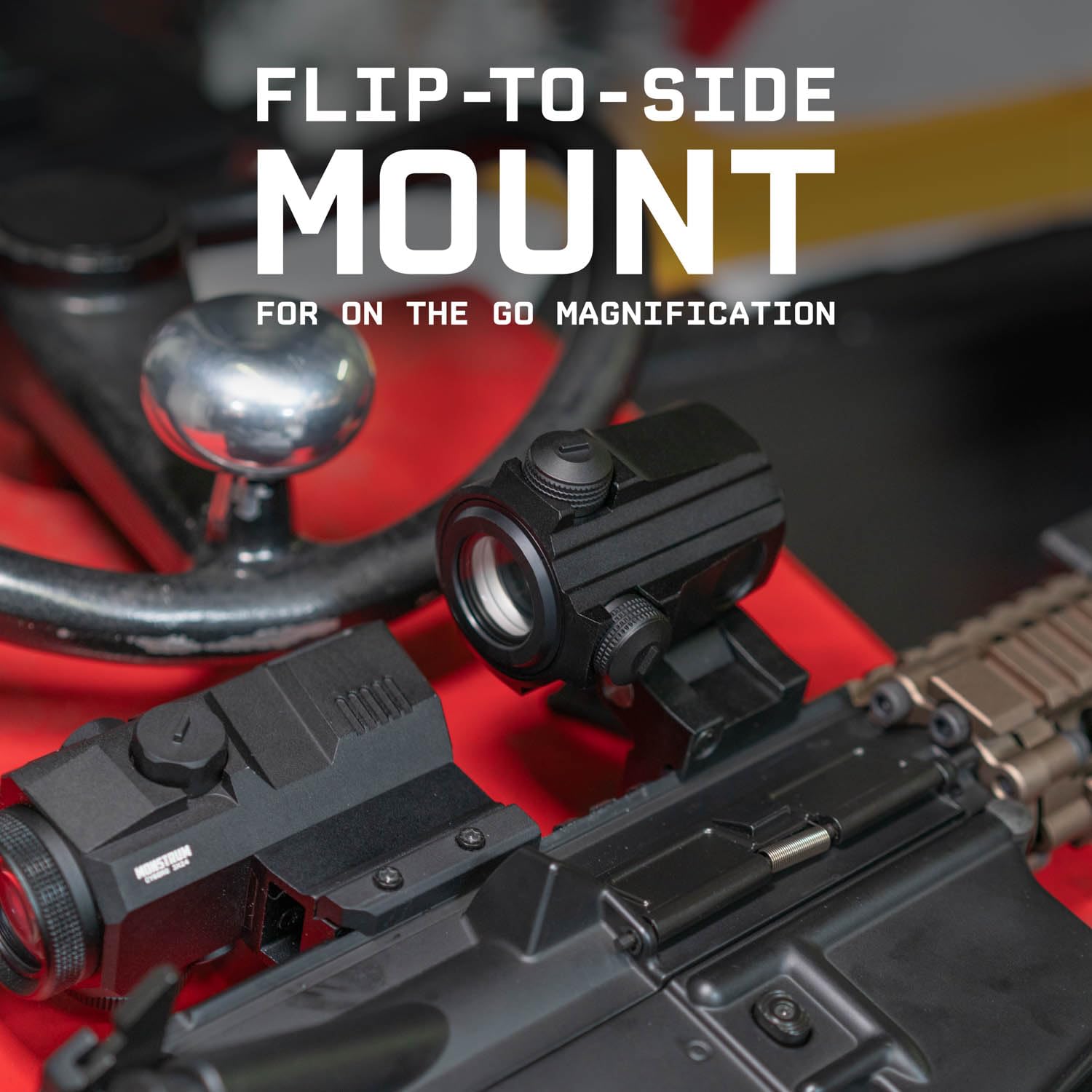Monstrum 2X magnifier front-mount supports rapid field transitions during engagements.