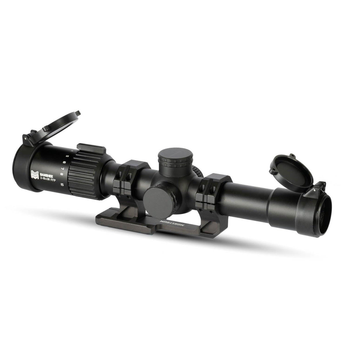 Monstrum Banshee 2-10x30 FFP scope angled view for quick target acquisition.