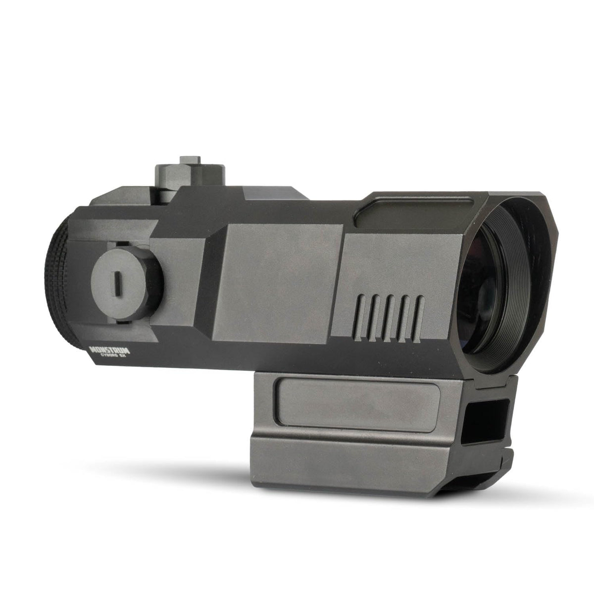 Monstrum Cyborg 5X Prism Scope assembly close-up for mounting compatibility.