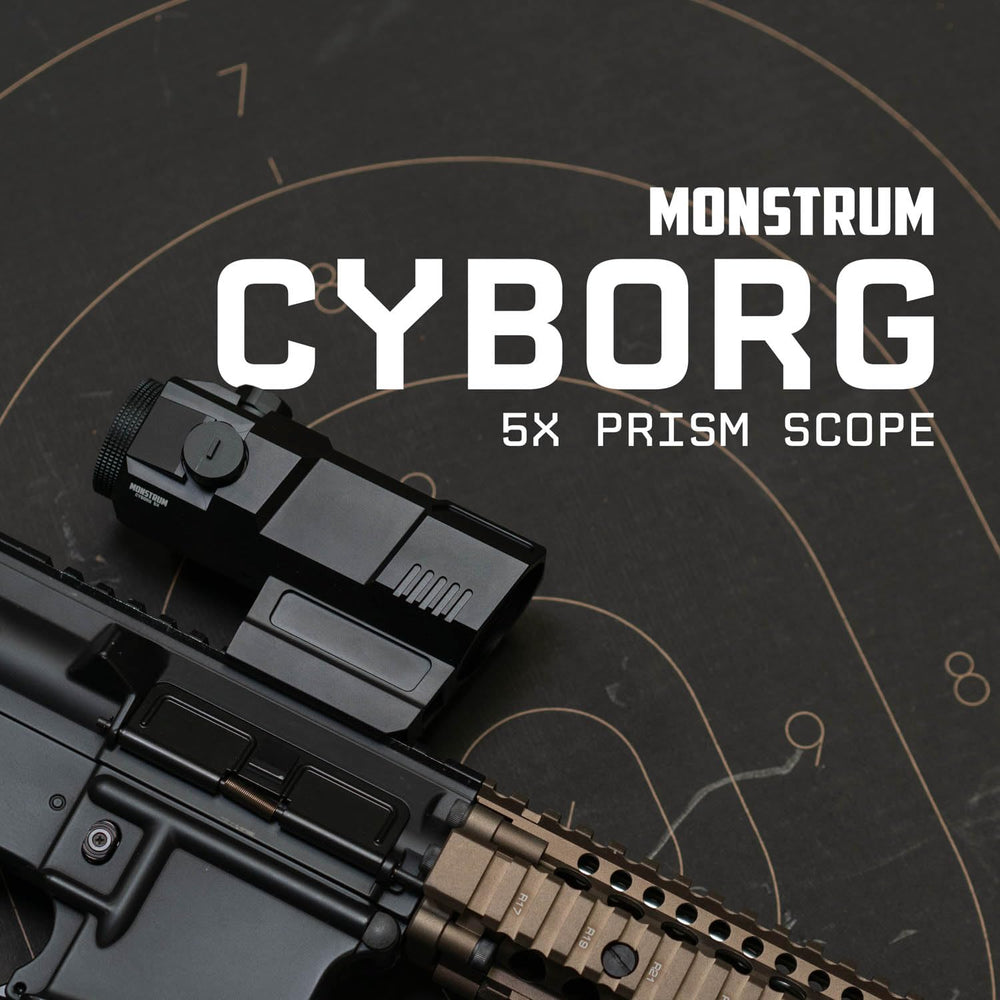 Monstrum Cyborg 5X Shake Awake illuminated reticle in low light.