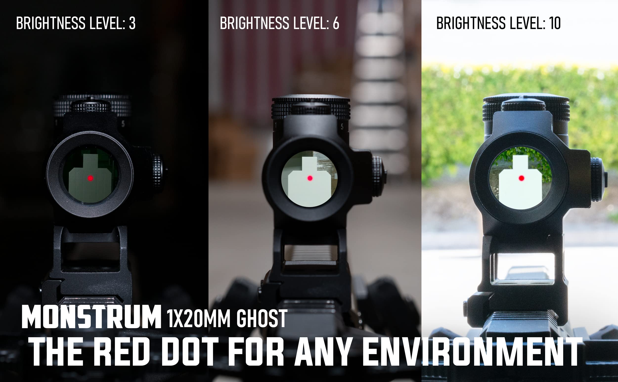 Monstrum Ghost red dot sight with flip to side mount enables fast 1x or 3x switching.