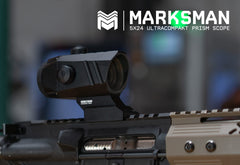 Monstrum Marksman micro prism closeup highlights durable finish for rugged field use.