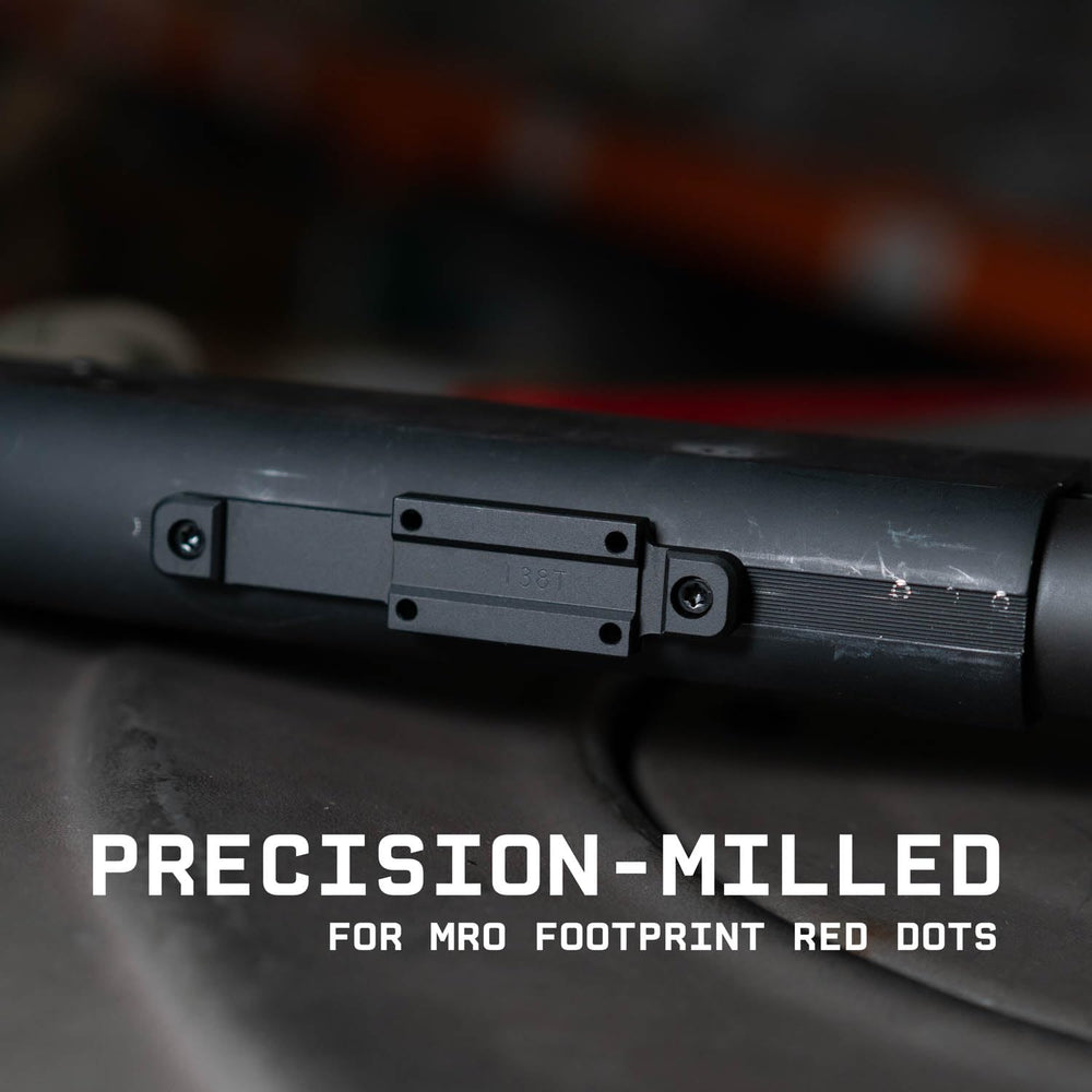 Monstrum Mossberg mount displays footprint patterns with compatibility guidance for red dots.