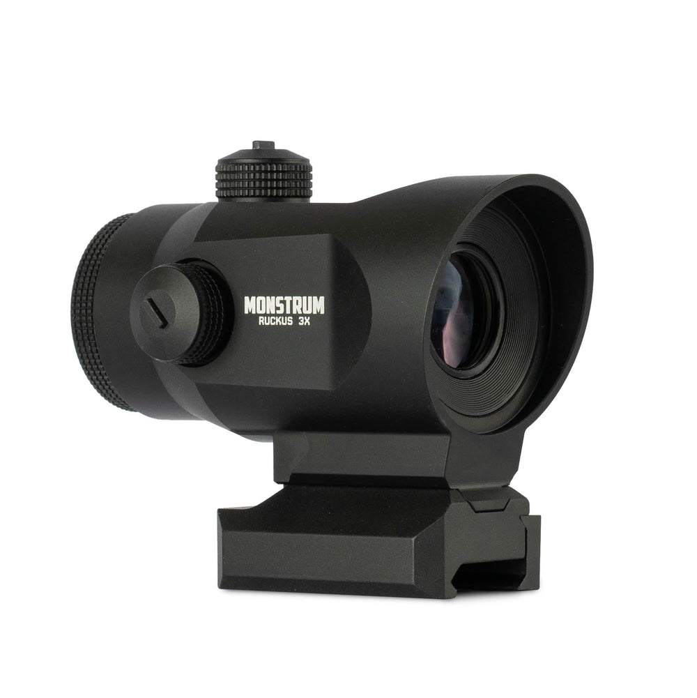 Monstrum Ruckus 3X prism scope on rifle offers quick target access.