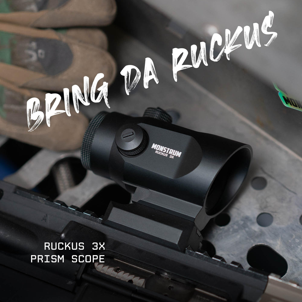 Monstrum Ruckus 3X prism scope eye relief shown for a forgiving eyebox during rapid shooting