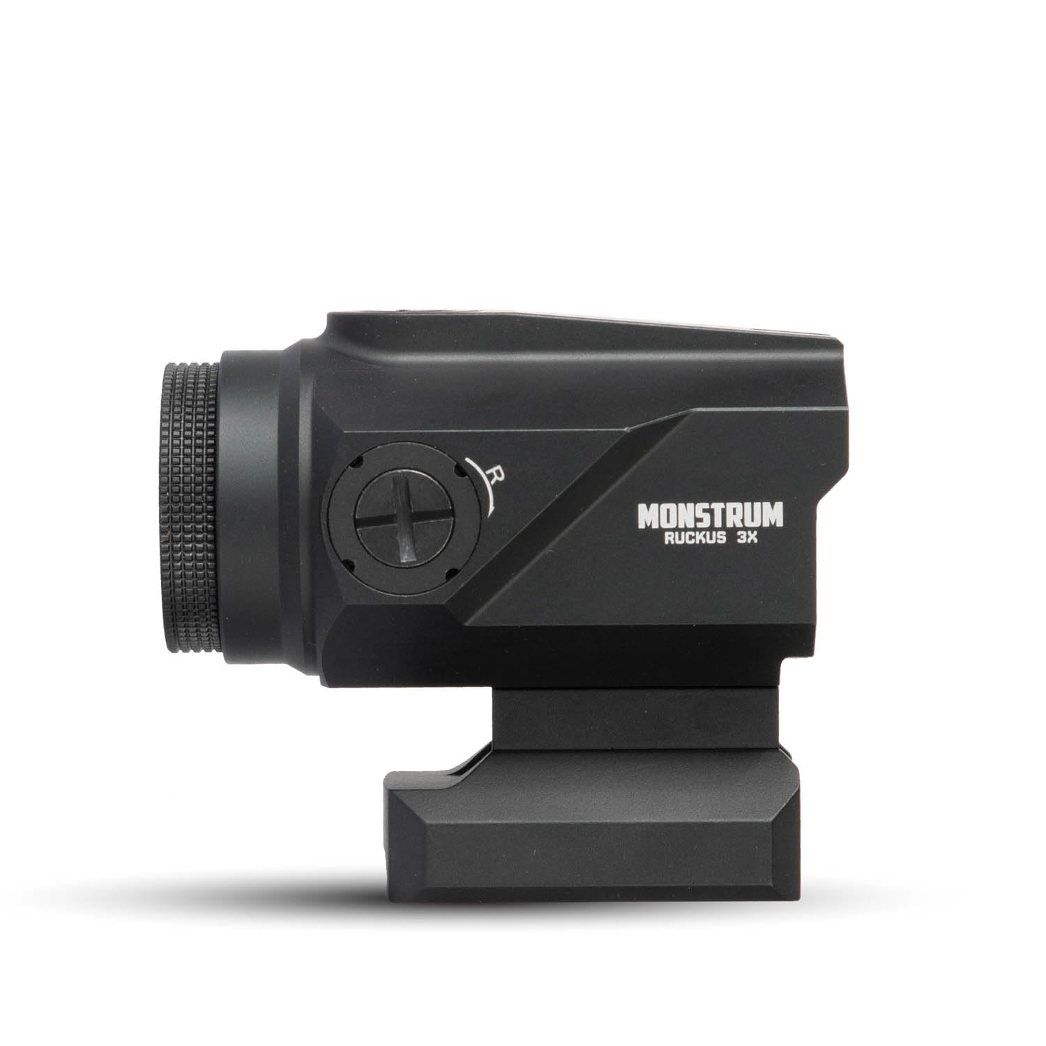 Monstrum Ruckus e 3X prism scope top view emphasizes low profile eye relief