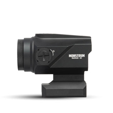 Monstrum Ruckus e 3X prism scope top view emphasizes low profile eye relief