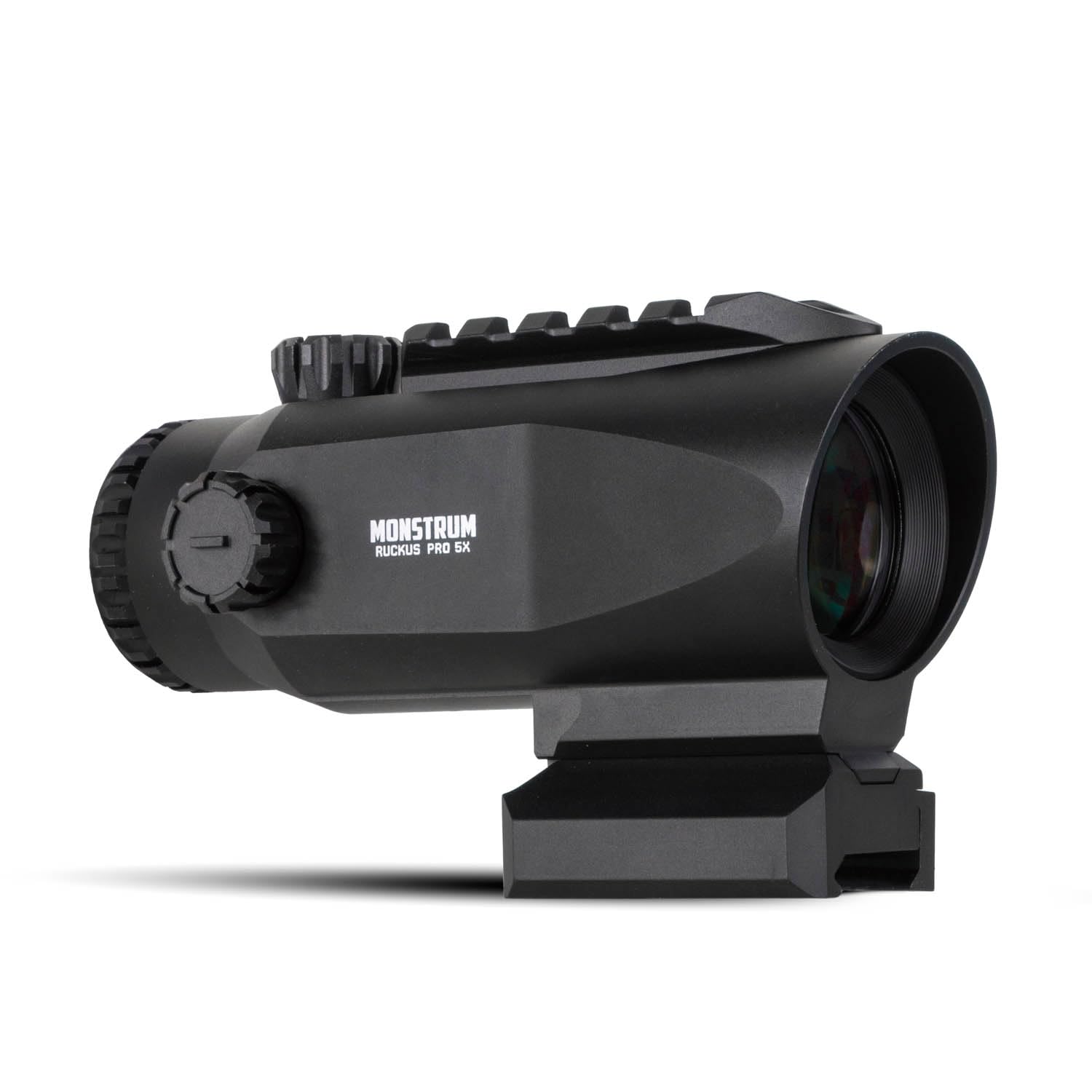 Monstrum Ruckus Pro 5X prism scope front view highlights compact form and crisp optics