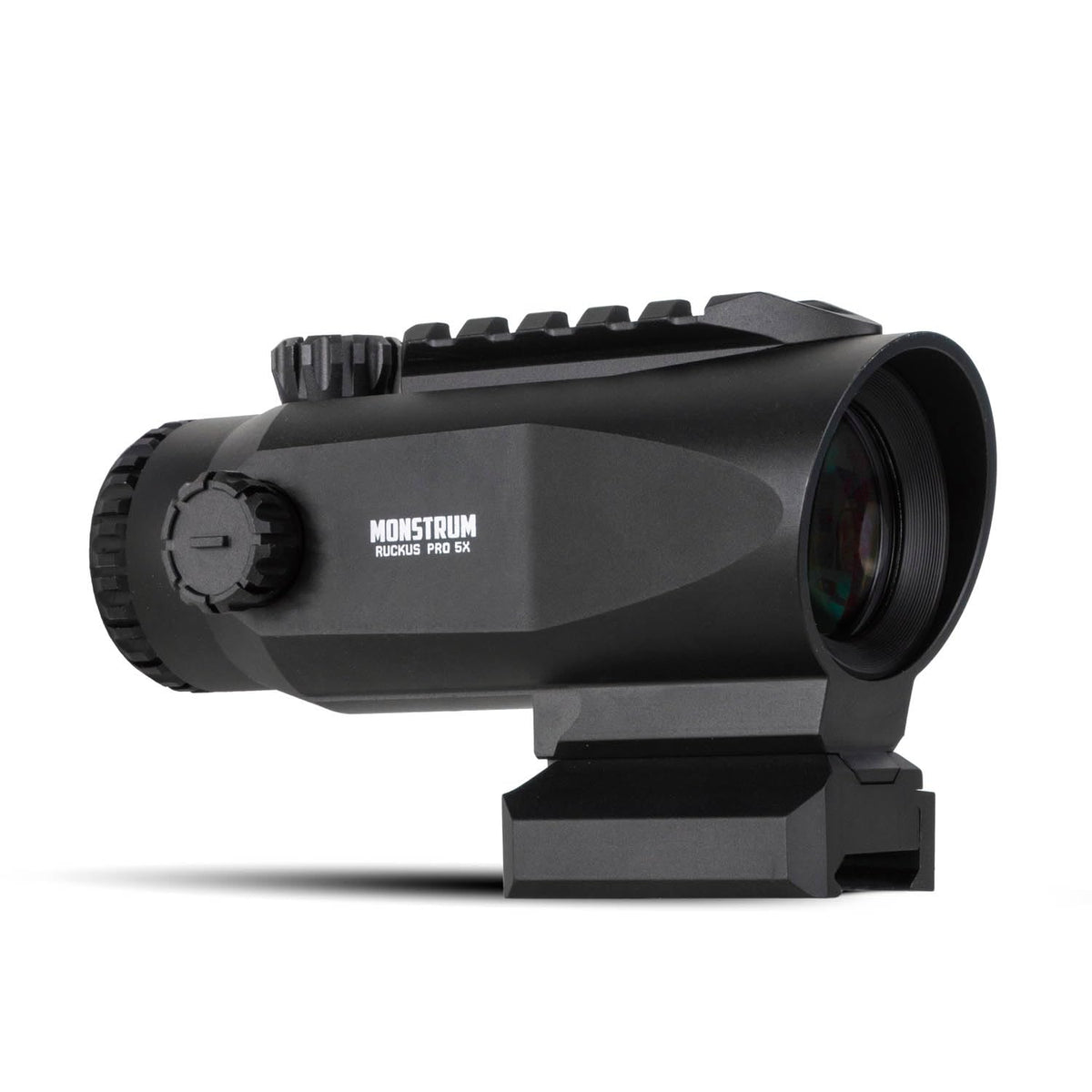 Monstrum Ruckus Pro 5X prism scope front view highlights compact form and crisp optics