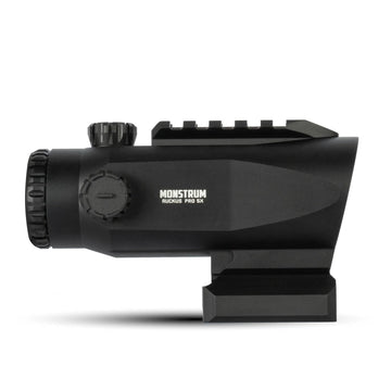 Monstrum Ruckus Pro 5X prism scope side view shows generous eye relief and forgiving eyebox