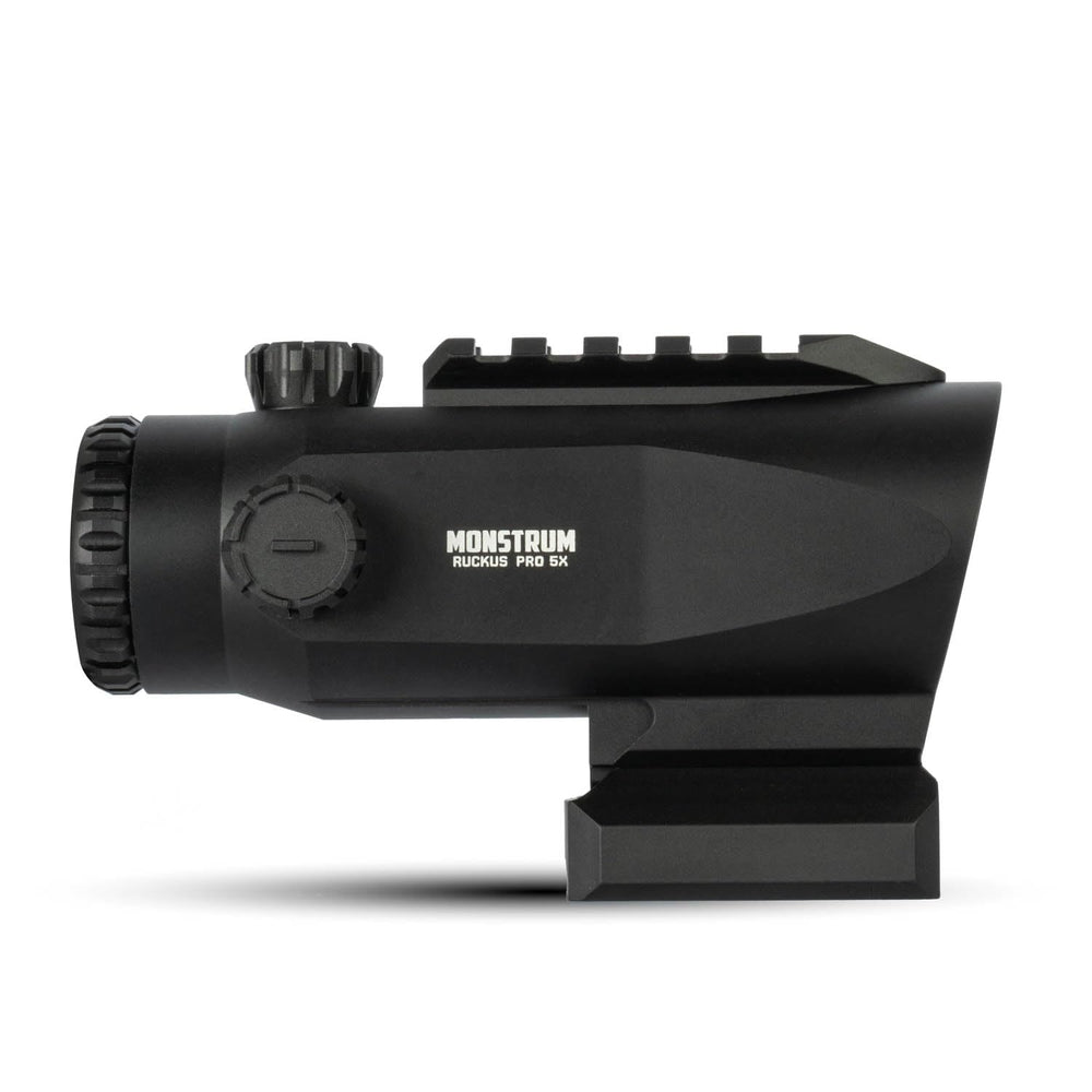 Monstrum Ruckus Pro 5X prism scope side view shows generous eye relief and forgiving eyebox