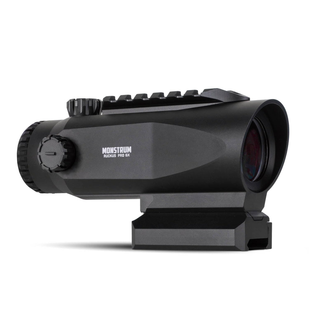 Monstrum Ruckus Pro 6X prism scope shows crisp magnification for fast target acquisition.