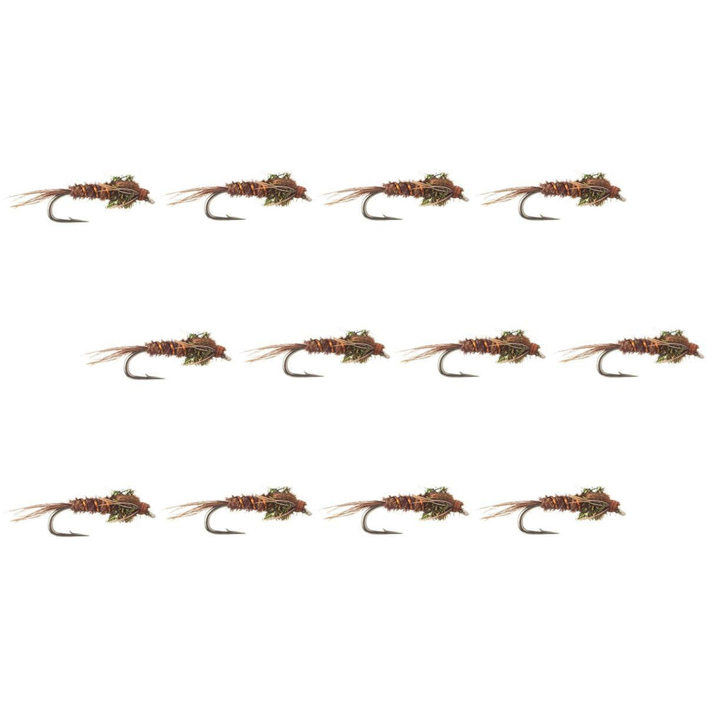 Montana Fly Company Pheasant Tail nymph 12-pack, ideal for trout fishing in streams.