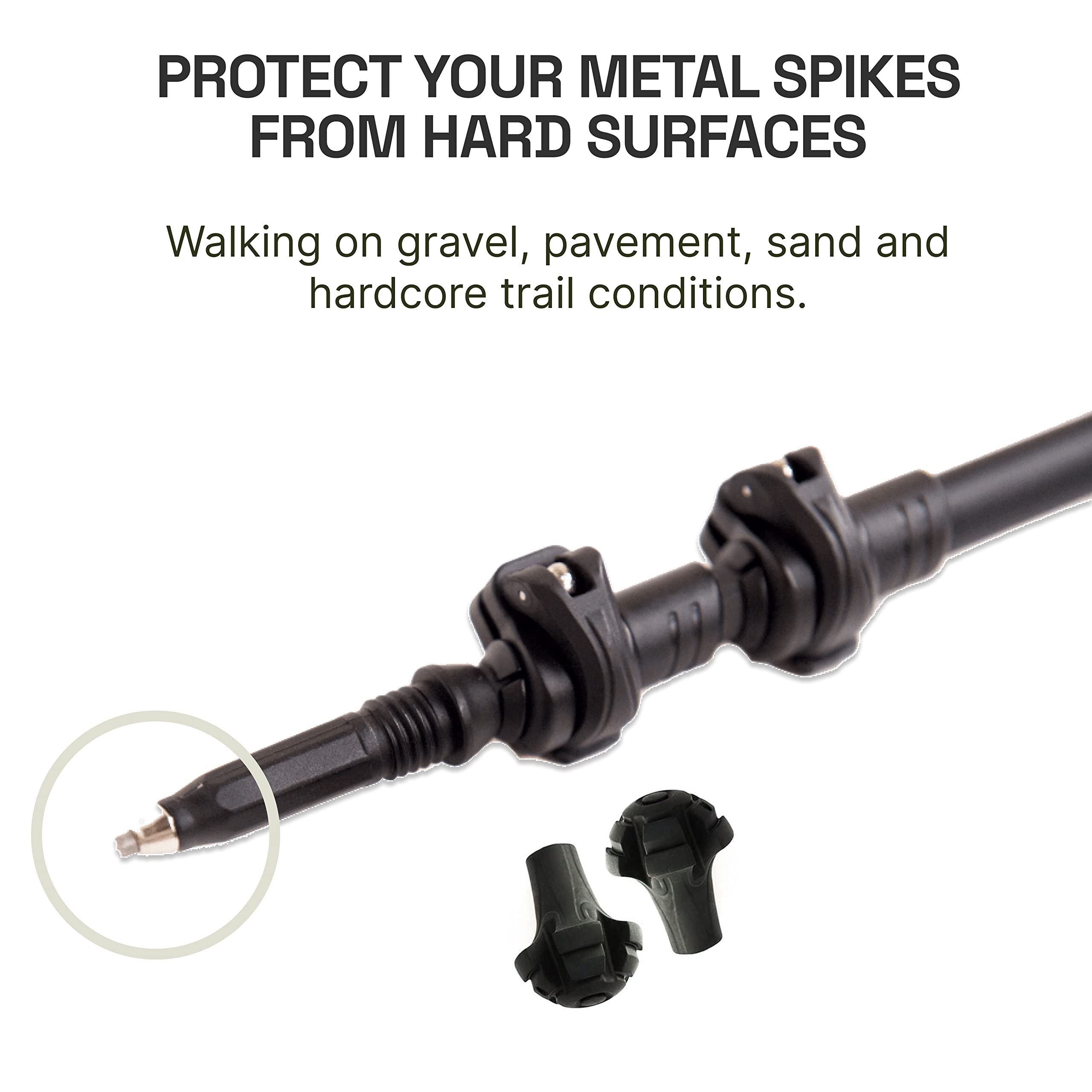 Montem vulcanized rubber tips on trail demonstrate durable protection and shock absorption.