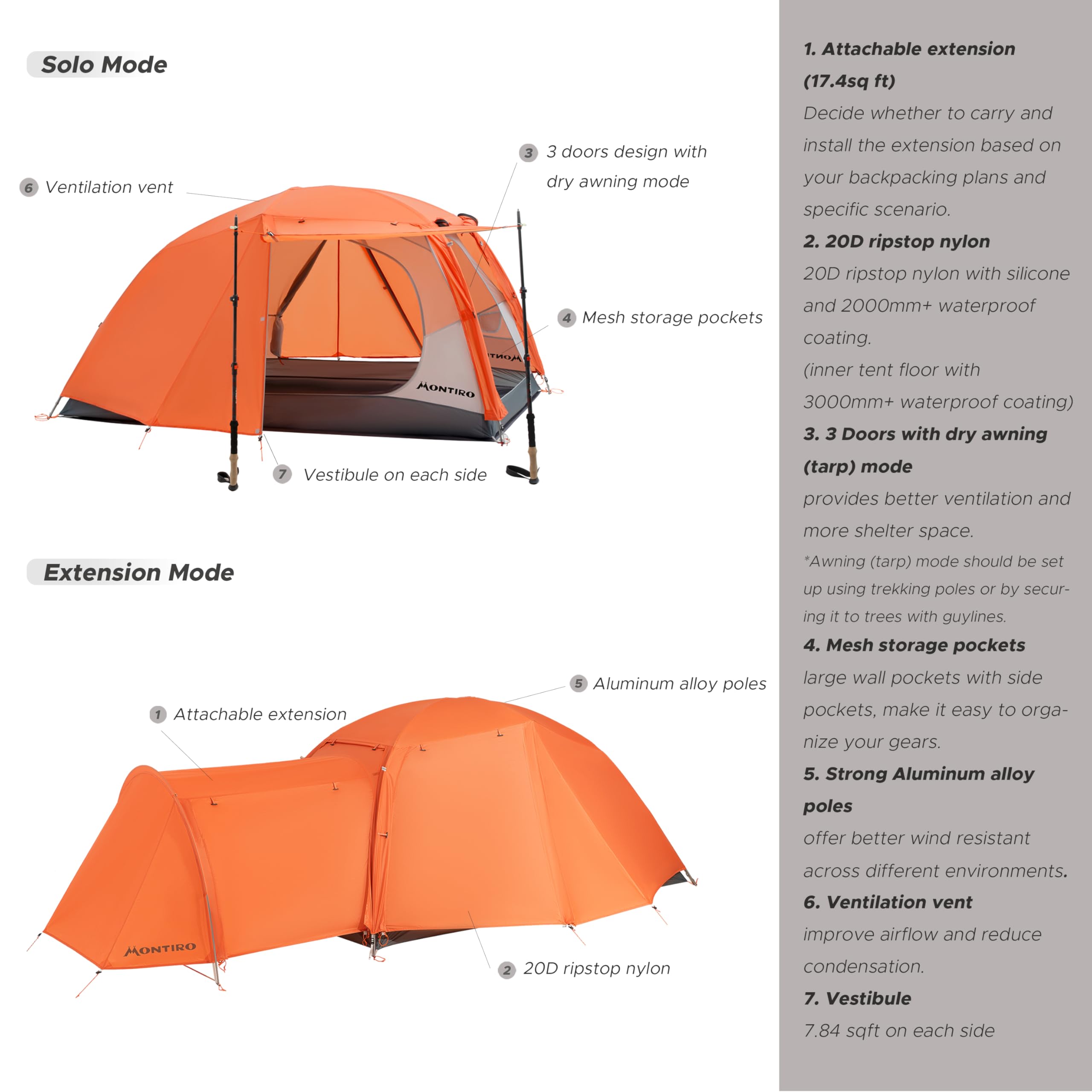 Montiro orange tent pitched with extended vestibule for gear storage.