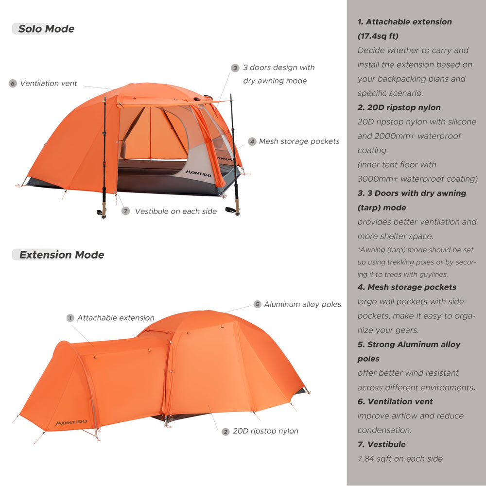 Montiro orange tent pitched with extended vestibule for gear storage.