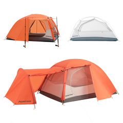 Montiro Triphyr tent exterior in orange highlights lightweight weather protection.