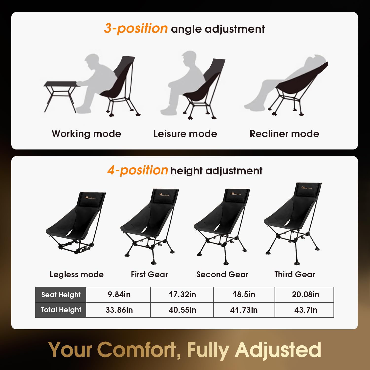 MOON LENCE ample legroom supports long outdoor sessions