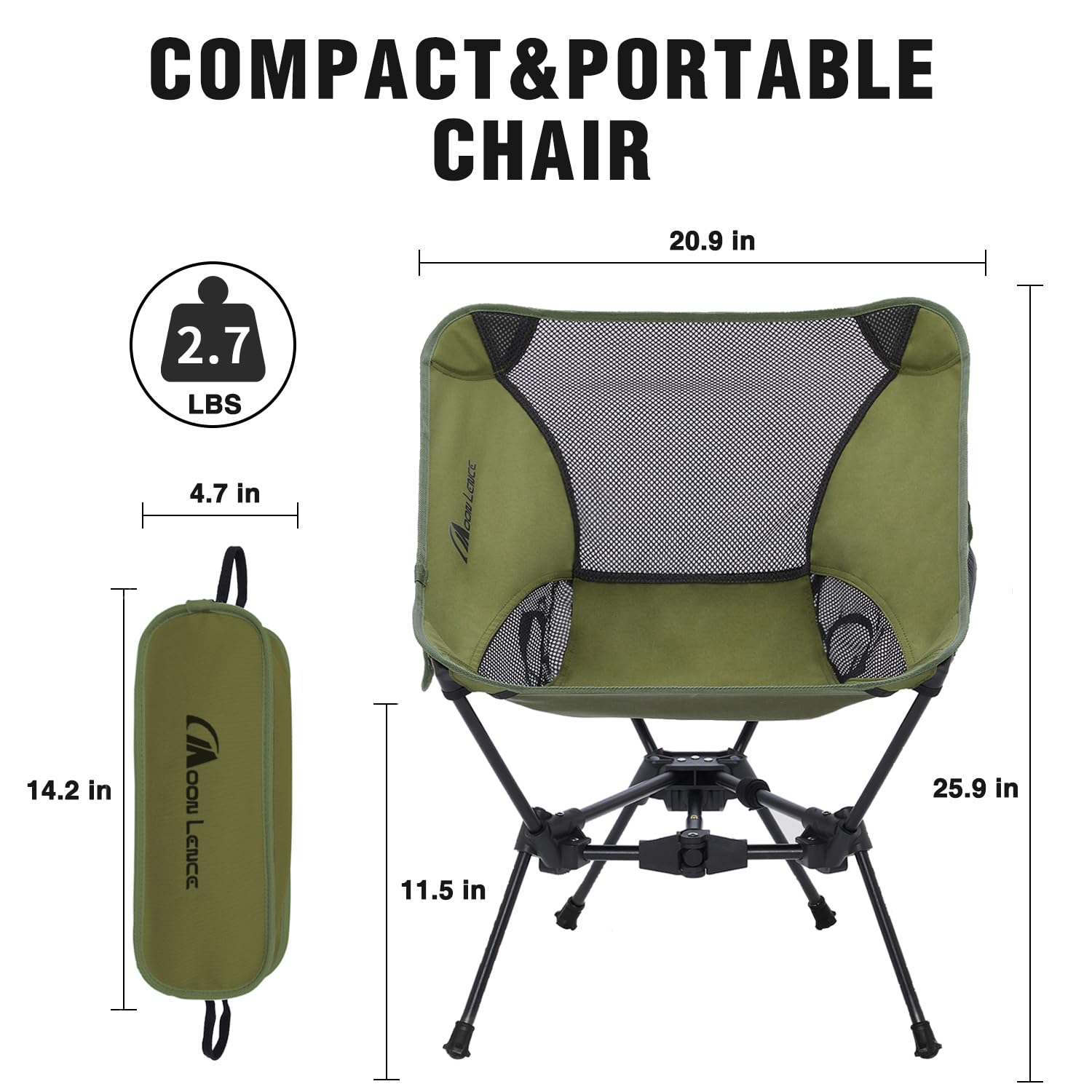 MOON LENCE camping chair aluminum 7075 frame green highlights sturdy support on trails.