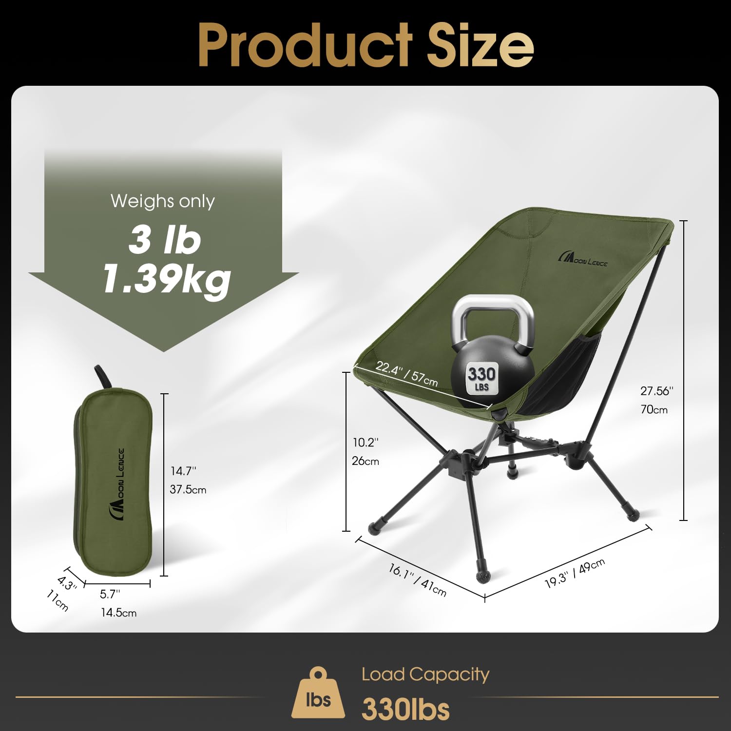 Moon Lence chair folded compact for easy backpacking and travel storage.