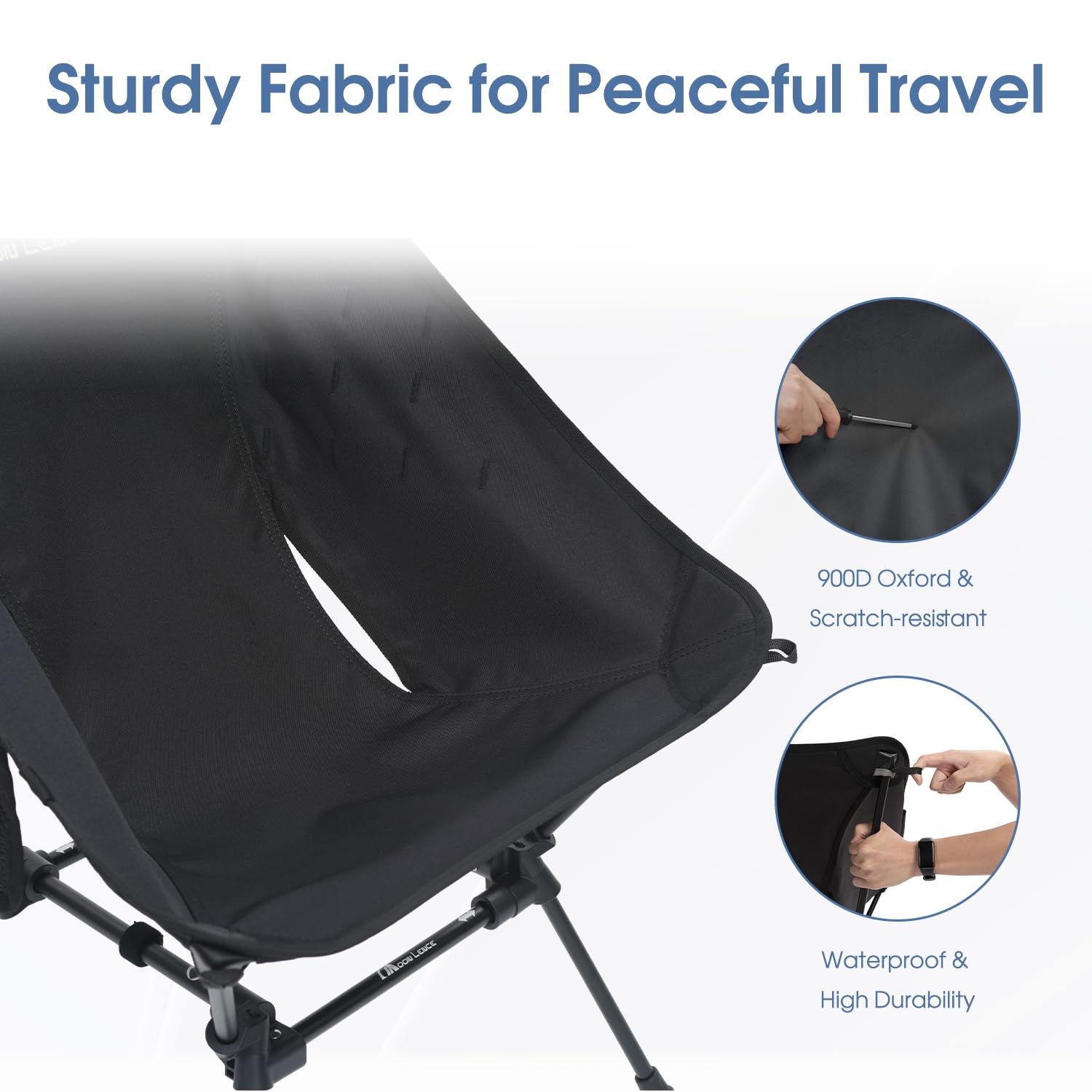 MOON LENCE chair’s mesh pocket holds water bottle and phone securely.
