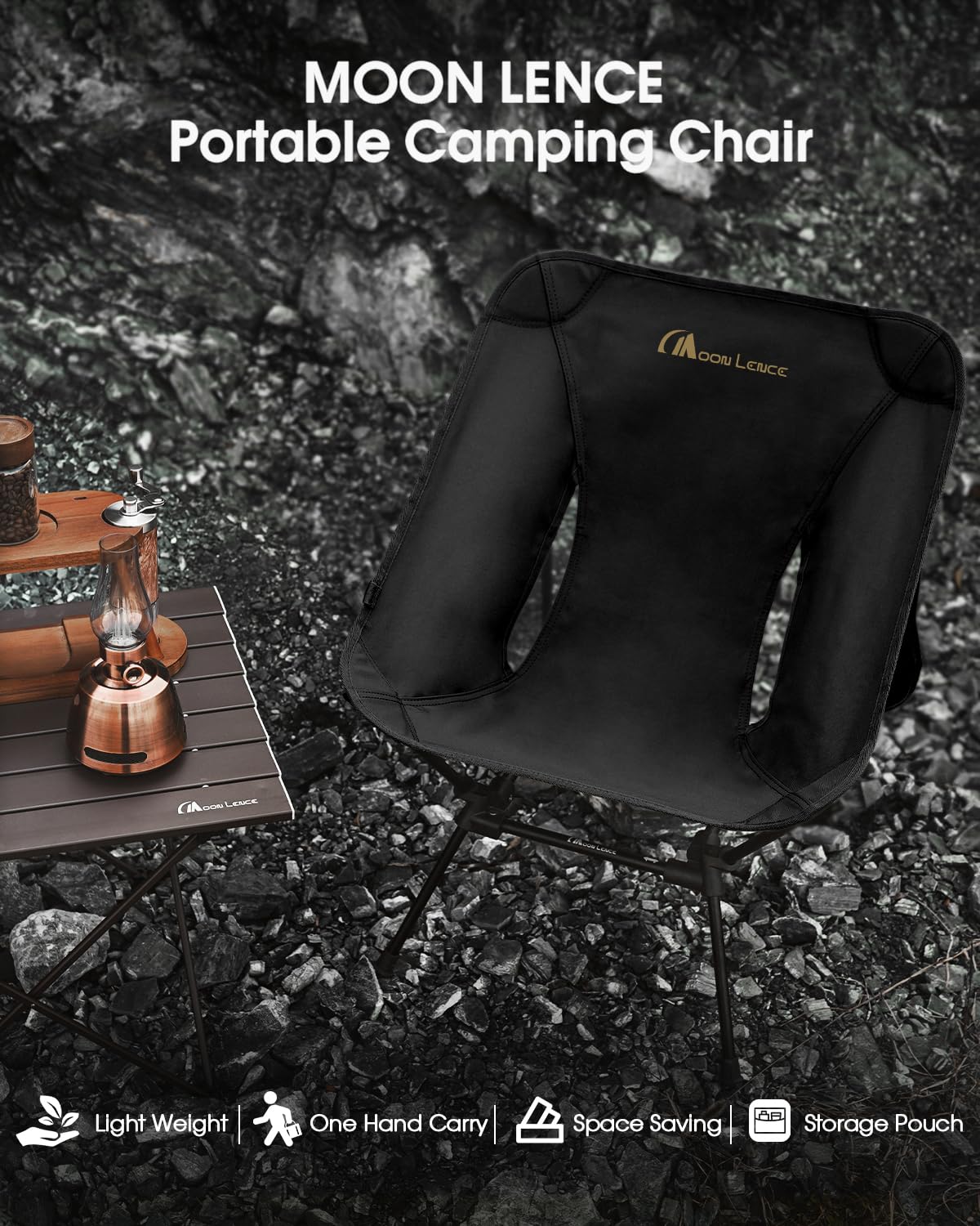 MOON LENCE chair folds to a compact backpack-friendly size.