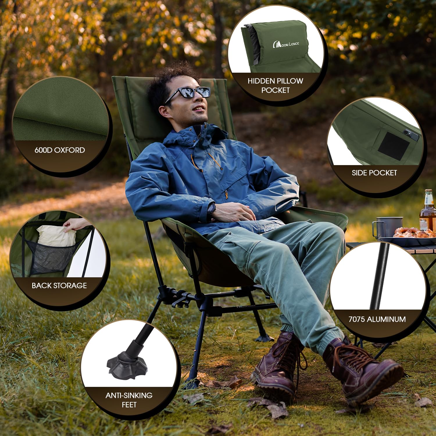 MOON LENCE green folding camping chair ready for transport