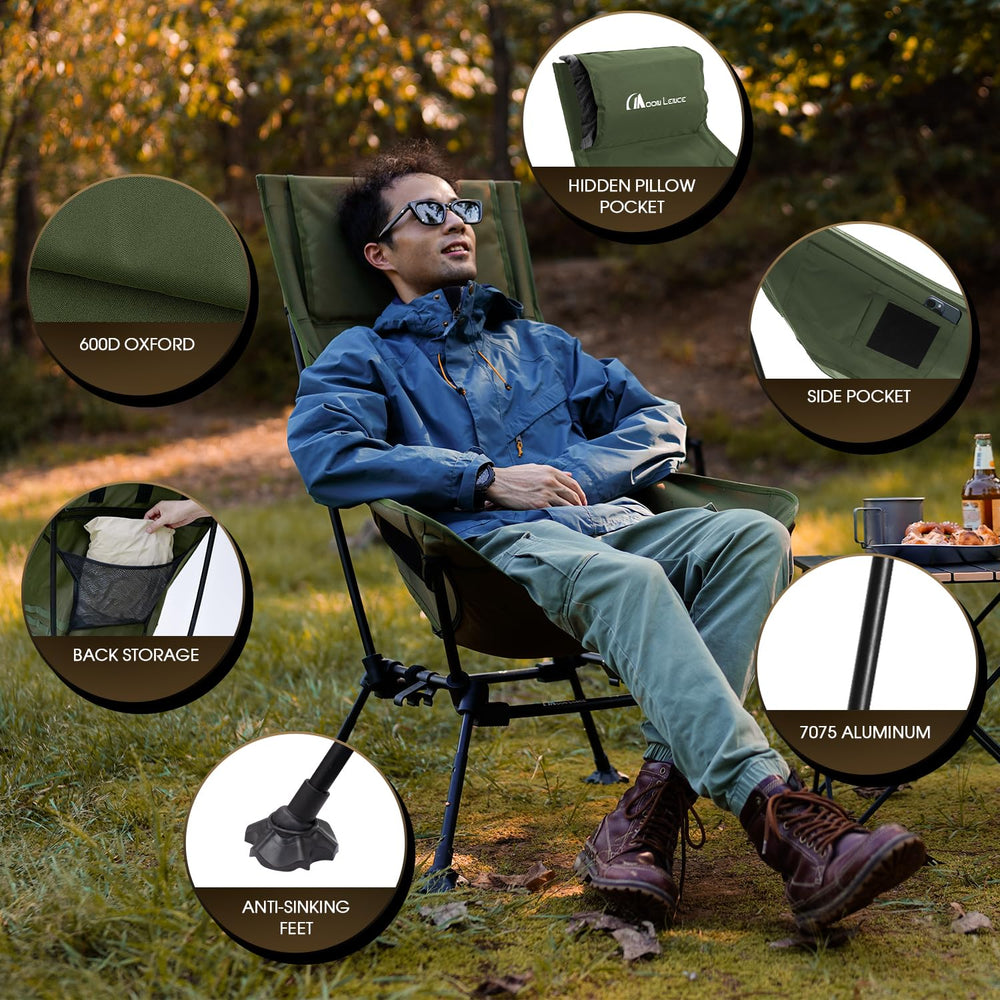MOON LENCE green folding camping chair ready for transport