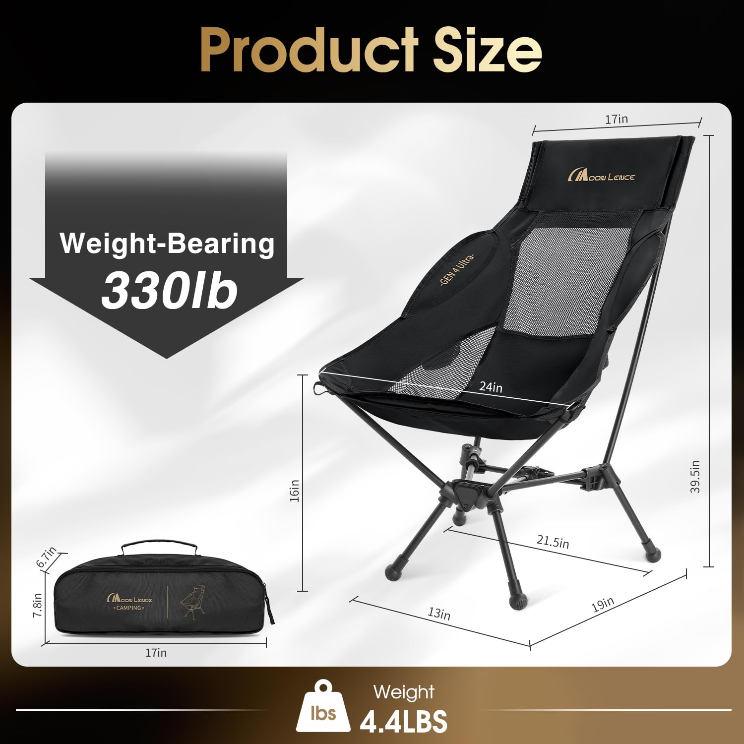 MOON LENCE camping chair — side angle shows ergonomic back support for long outdoor sessions.