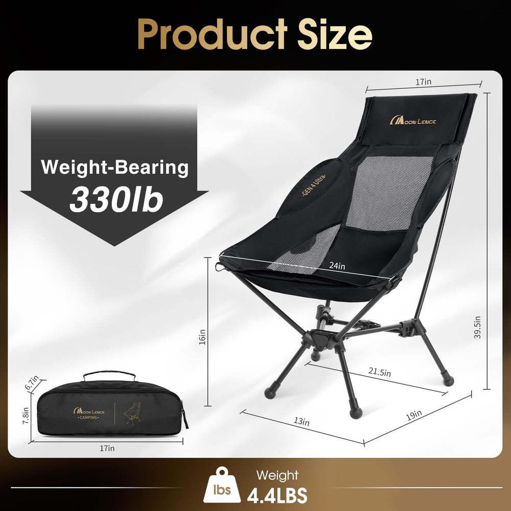 MOON LENCE camping chair — side angle shows ergonomic back support for long outdoor sessions.